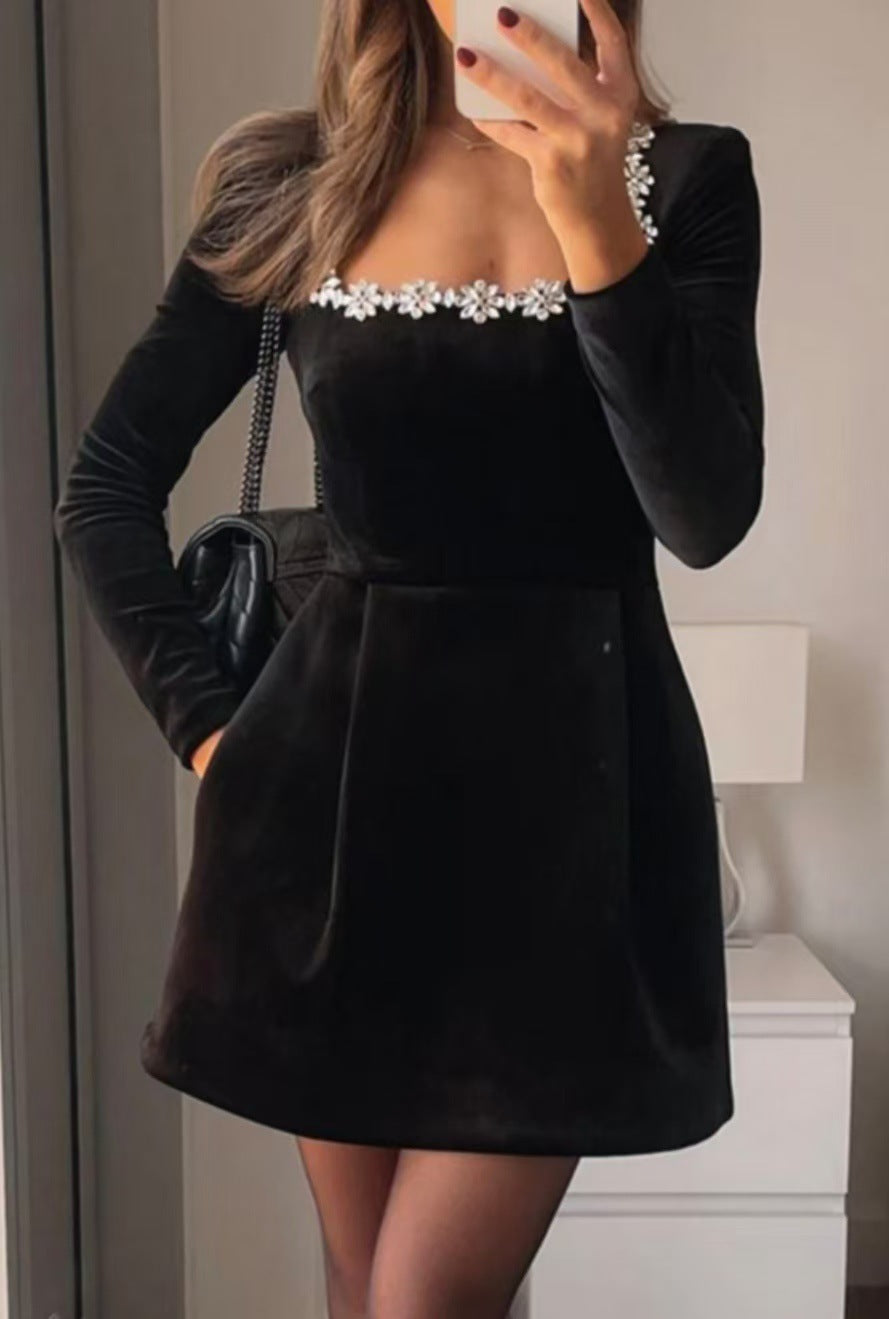 Christmas Elegant Square Neck Long-sleeved Dress With Flowers Rhinestone Design Fashion A-line Short Dresses Spring Clothing For Women