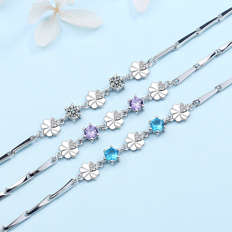 Sterling Silver Couple Lucky Four-leaf Clover Bracelet
