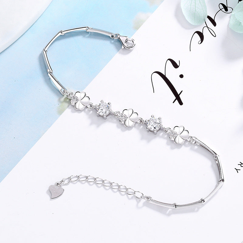 Sterling Silver Couple Lucky Four-leaf Clover Bracelet