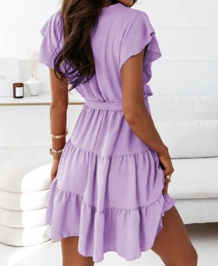 Women Summer New Solid Color And V-neck Pullover Strap Waist Trimming Short-sleeved Stitching Big Swing Dress