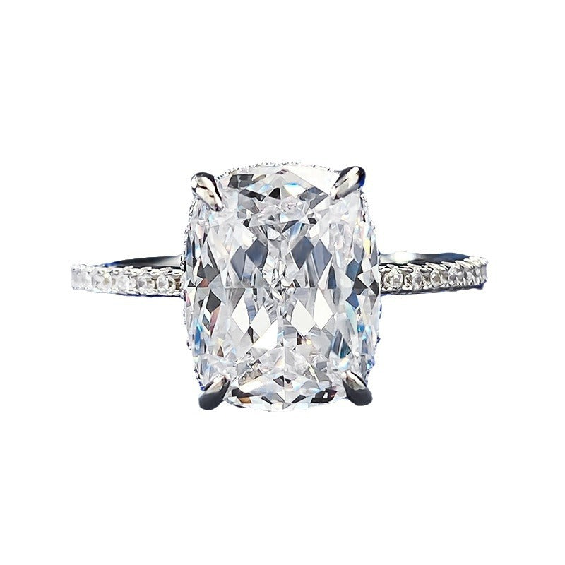 S925 Silver Four-claw White Square Diamond Ring