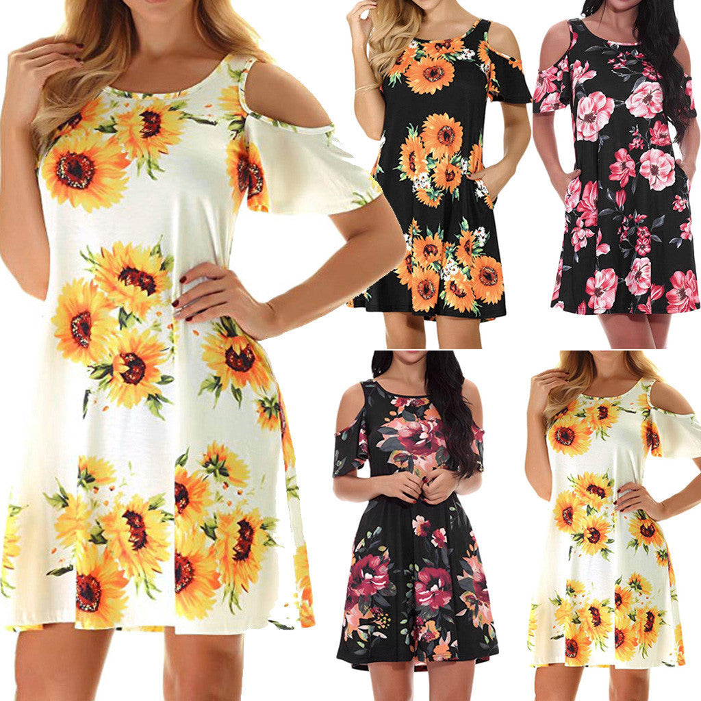 Off The Shoulder Printed Short Sleeved Large Swing Dress Women