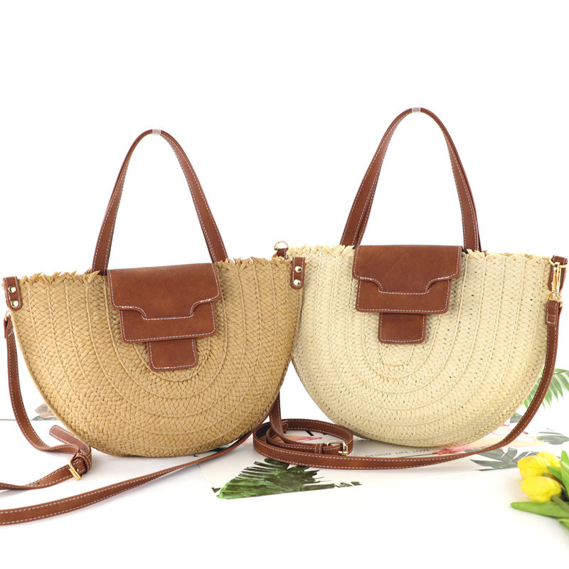 New Semicircle Paper Defense Straw Woven Bag Retro Cover Woven One-Shoulder Female Beach