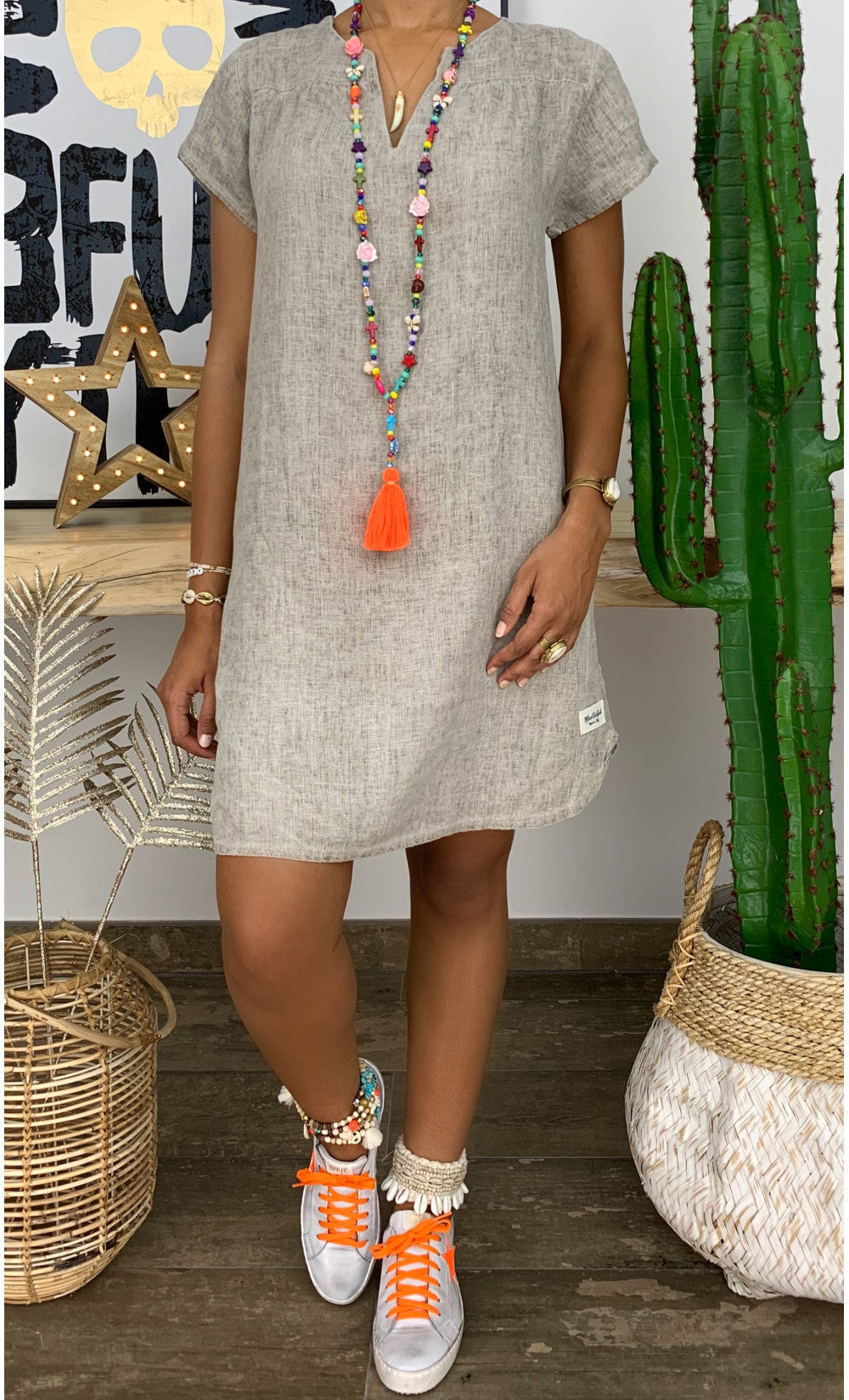 Summer Loose Solid Color Short Sleeved V Neck Cotton And Linen Dress Women