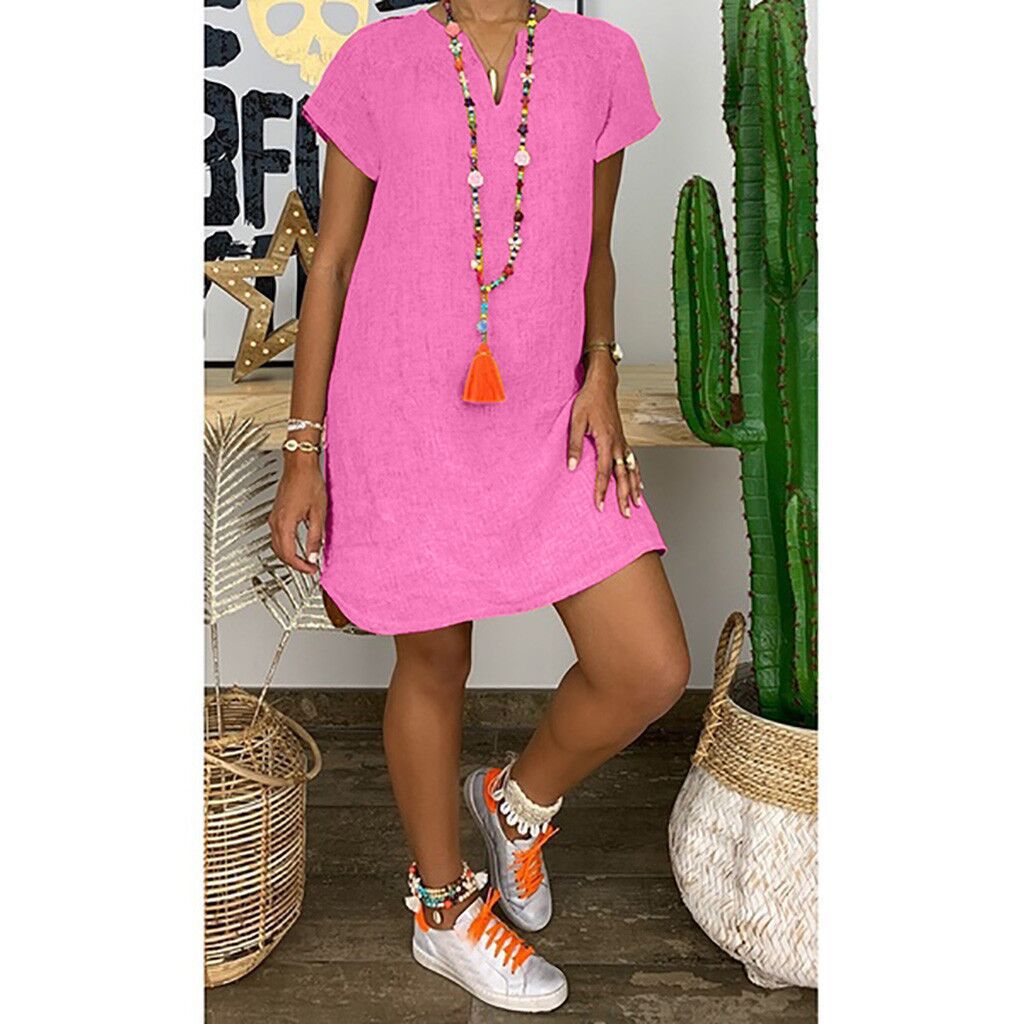 Summer Loose Solid Color Short Sleeved V Neck Cotton And Linen Dress Women