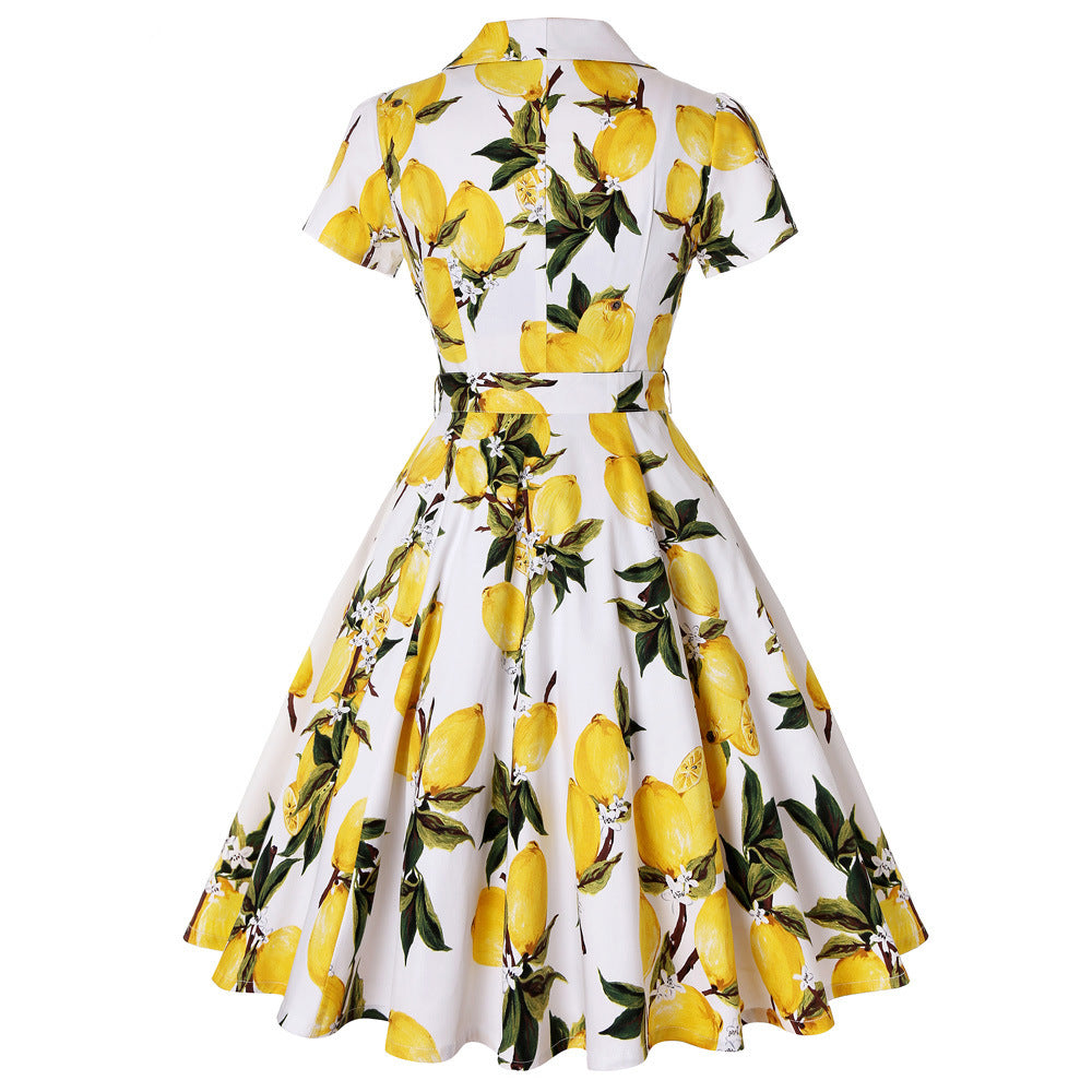 Retro Sexy Lapel  Short Sleeved Print Lace Up Big Dress Women
