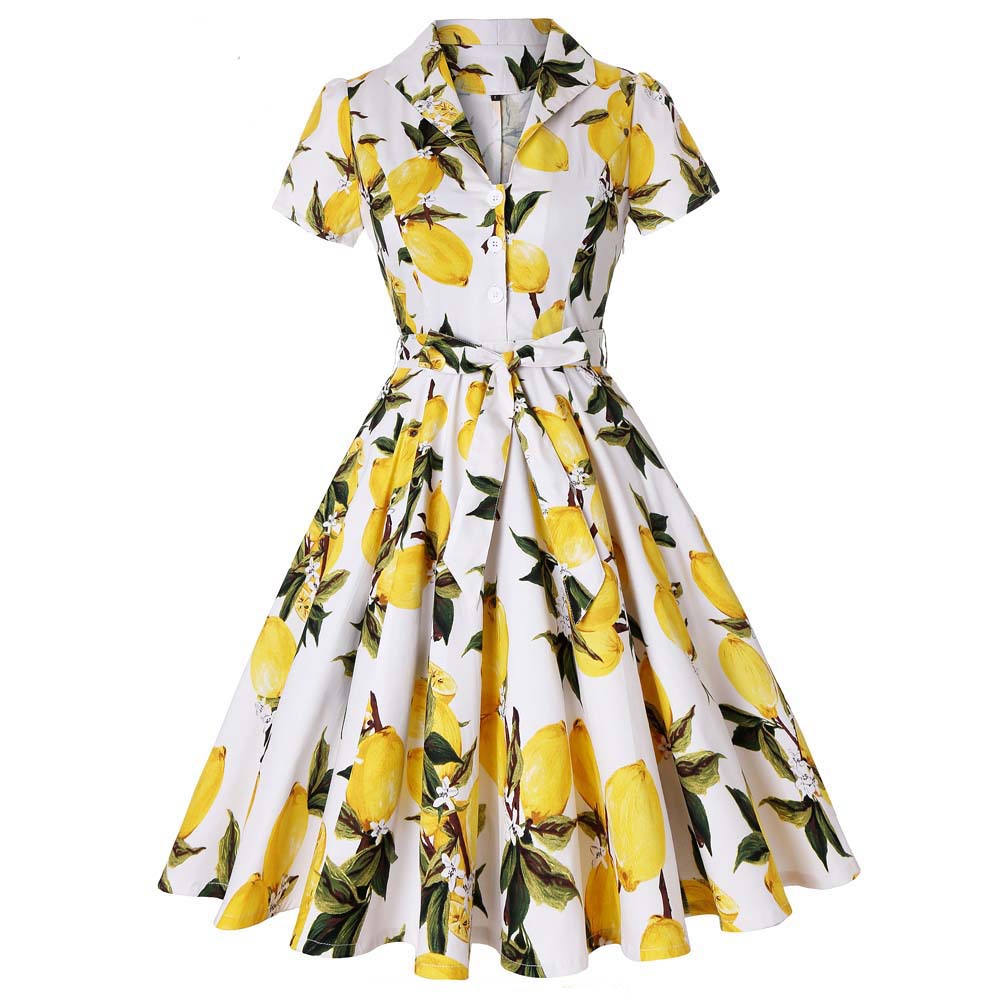Retro Sexy Lapel  Short Sleeved Print Lace Up Big Dress Women