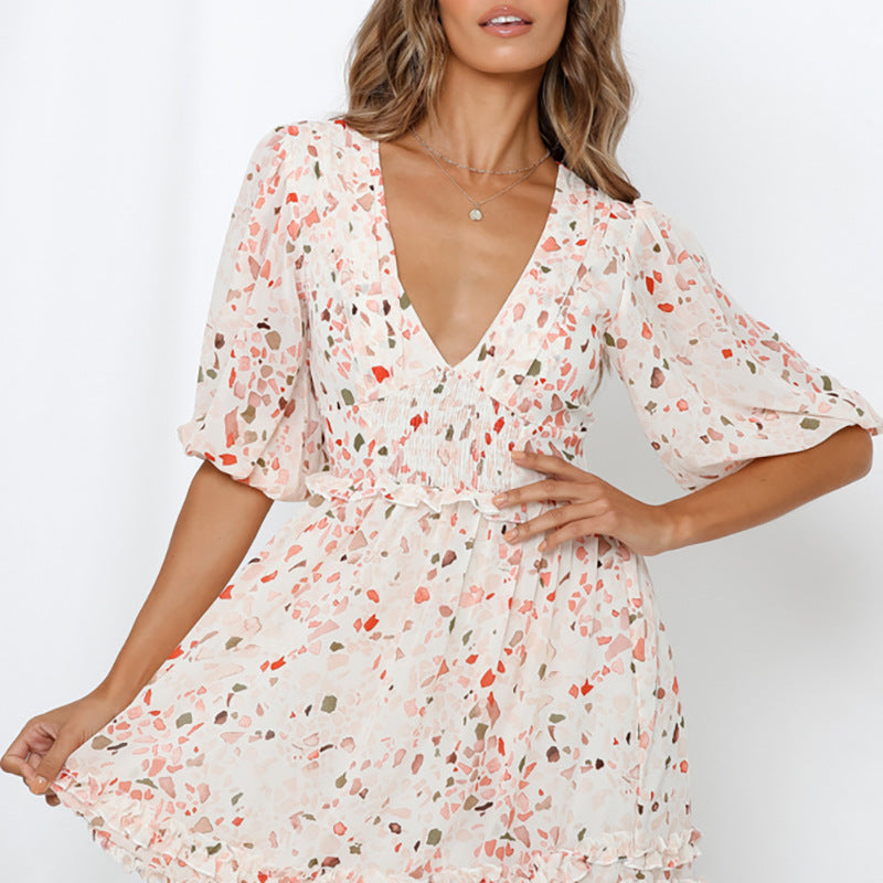 SummerForeign Trade Net Red Hot Style Small Fresh Chiffon V-neck Printed Short-Sleeved Dress Women