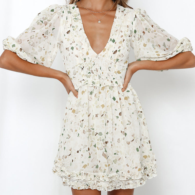 SummerForeign Trade Net Red Hot Style Small Fresh Chiffon V-neck Printed Short-Sleeved Dress Women