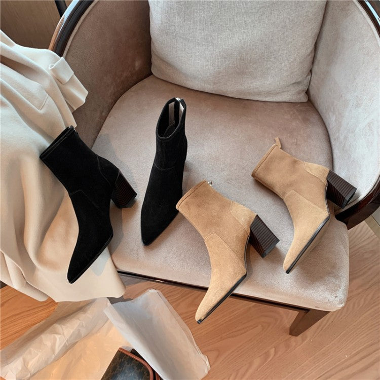Thin Skinny Boots Cow Leather Pointed Thick High-heeled Short Boots Retro Brown Single Boots Women
