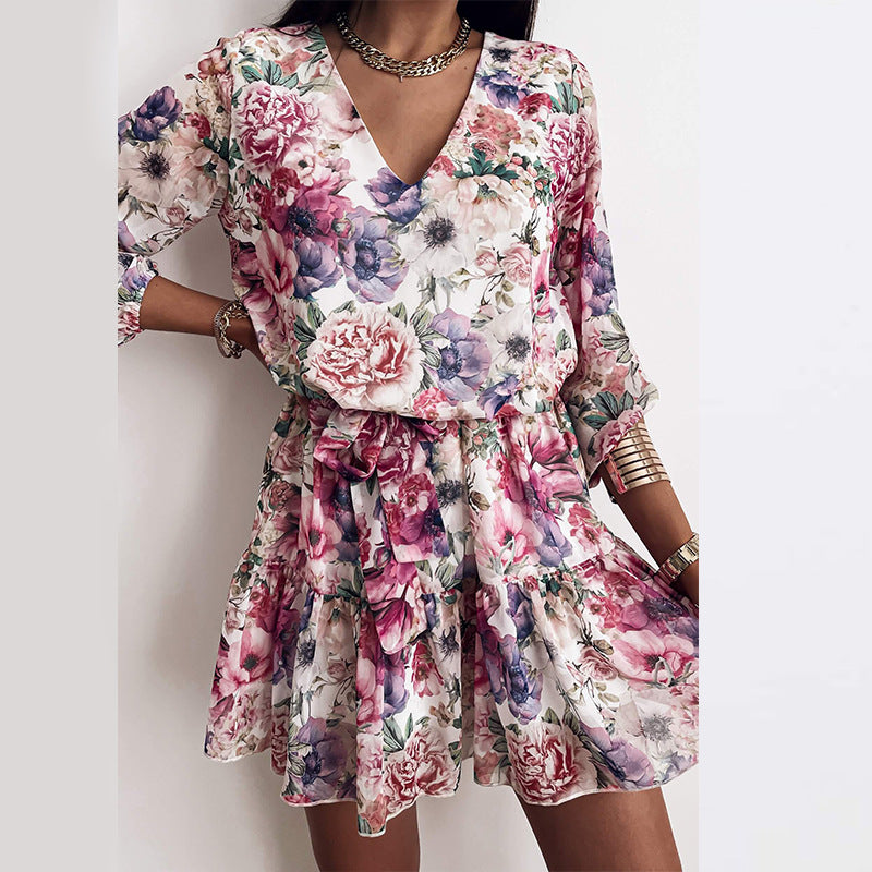 European And American Style, High Waist, Thin, Rural, Fresh, V-Neck Design, Printed Dress, Short Skirt, Women