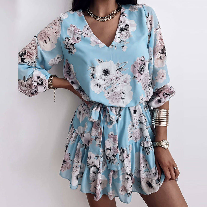 European And American Style, High Waist, Thin, Rural, Fresh, V-Neck Design, Printed Dress, Short Skirt, Women