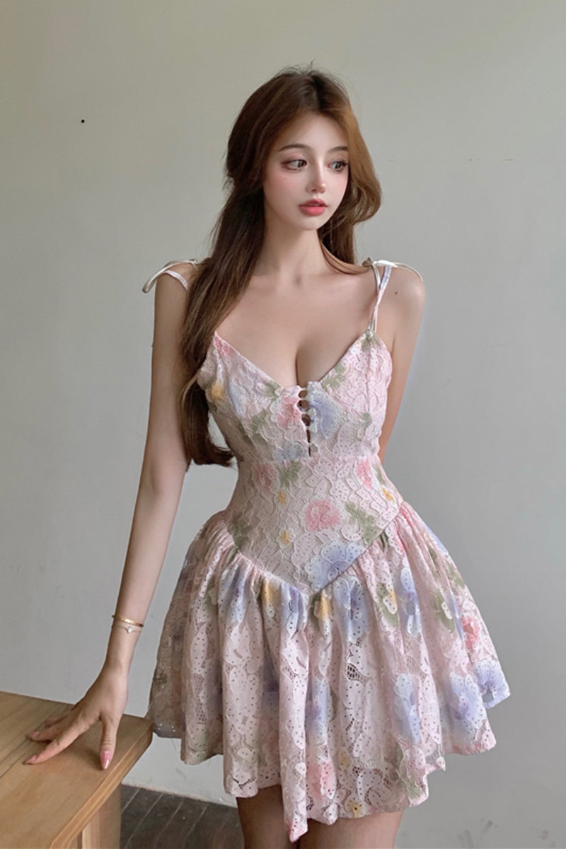Floral Floral Dress Women French Retro Lace Waist Short Skirt