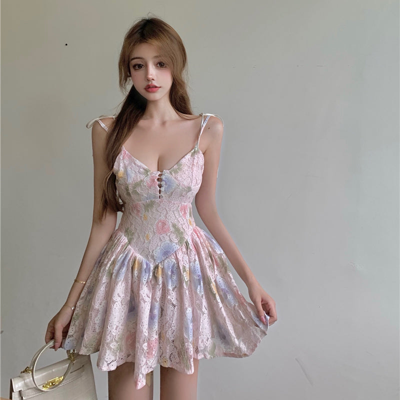 Floral Floral Dress Women French Retro Lace Waist Short Skirt