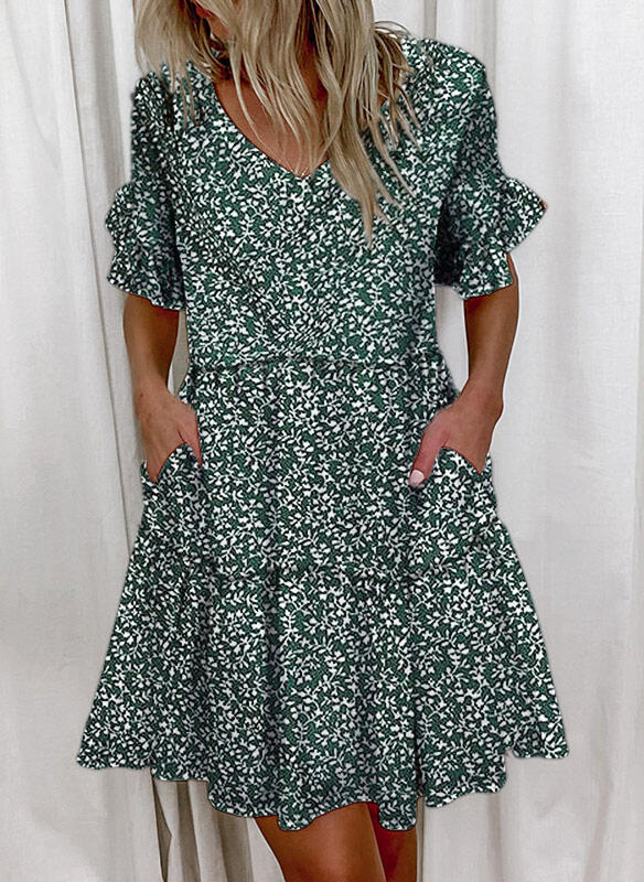 Printed Ruffled Pocket Dress Women