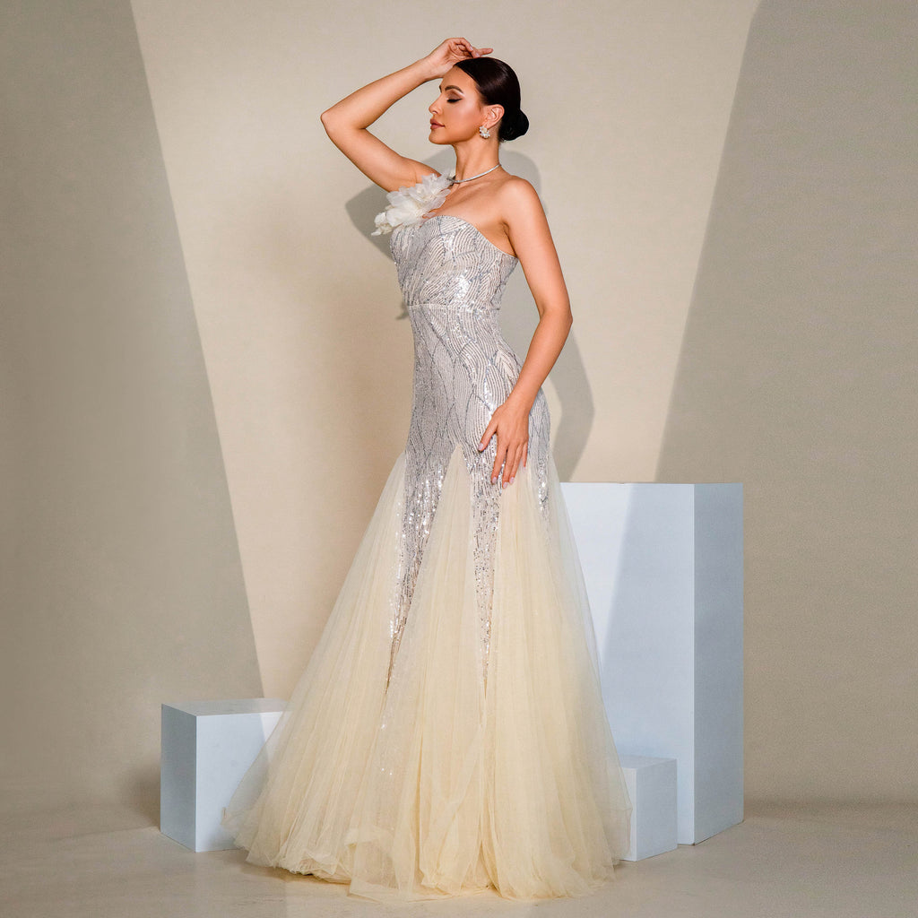 One-shoulder Diagonal Collar Slim-fit Sheath Sequined Slit Evening Dress