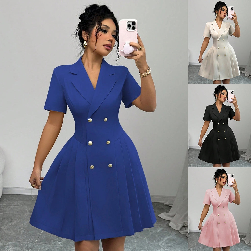 Solid Color Short-sleeved Waist-cinching Double-breasted Dress For Women