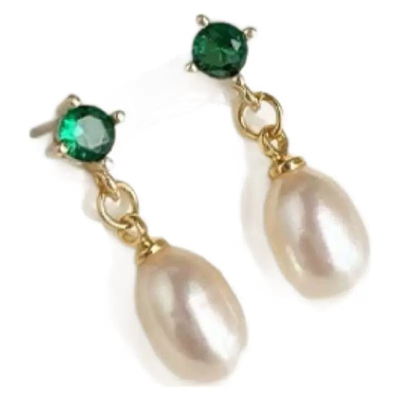 Emerald Zircon Small Eardrops Delicate Pearl Earrings French Retro