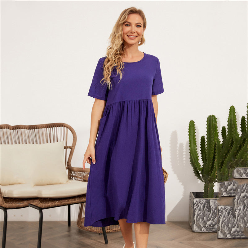 Round Neck Short Sleeve Cotton And Linen Dress Women