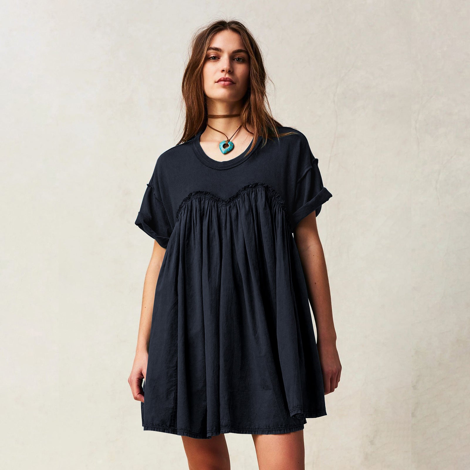 Lotus Leaf Short Skirt High Waist Spring And Summer New Casual Short Sleeve Round Neck Holiday Dress Women