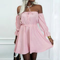 Women Solid Color Short-Sleeved One-Neck High-Waisted Dress