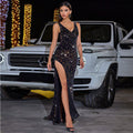 High Slit Sequined Evening Dress Without Back
