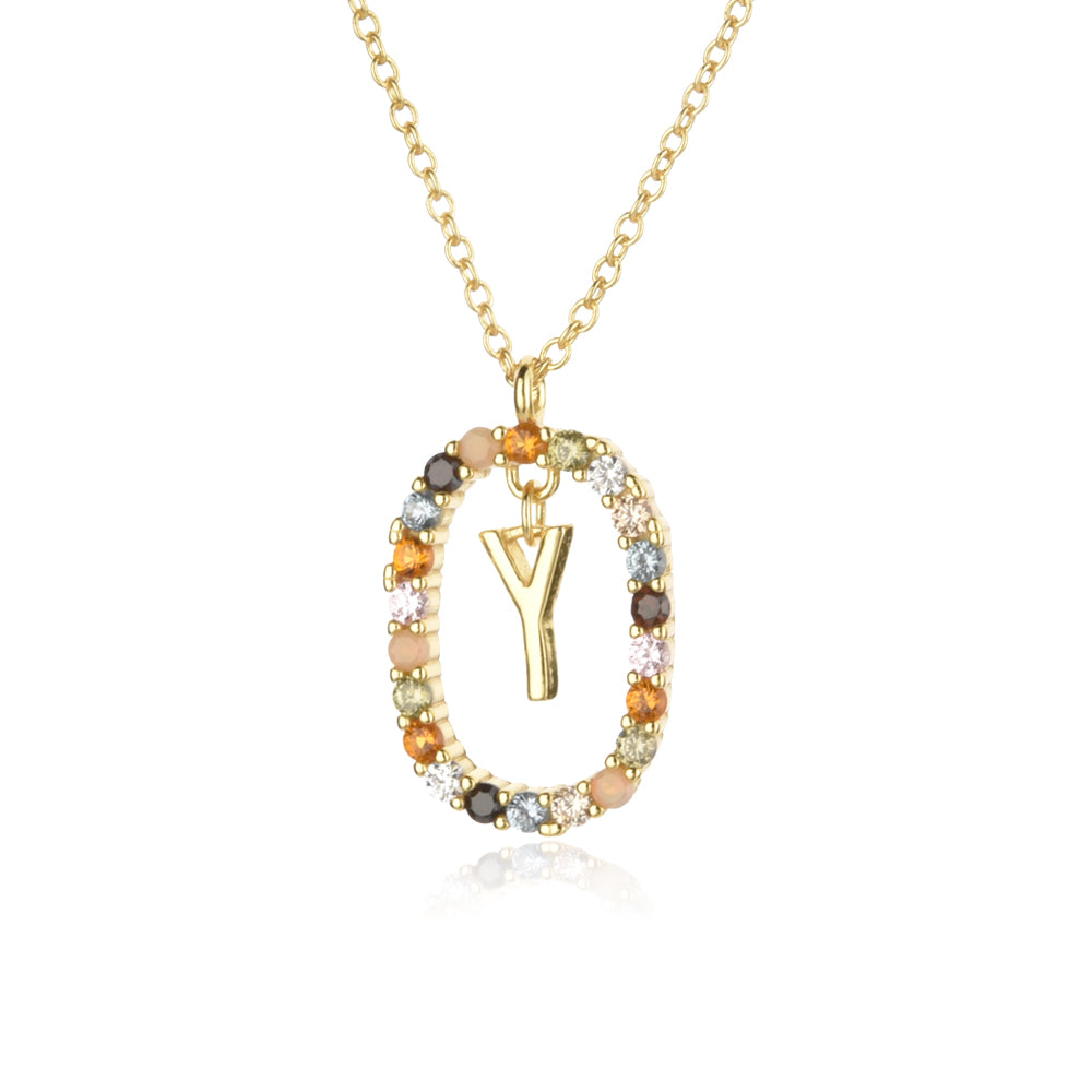 Colorful Rainbow Semi-precious Stone Crystal Clavicle Chain With Zirconium Letters