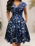 Round Neck Printed Temperament Short Sleeve Dress For Women