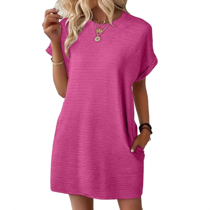 Summer New Loose Round Neck Pocket Solid Color Short Sleeve Dress Women
