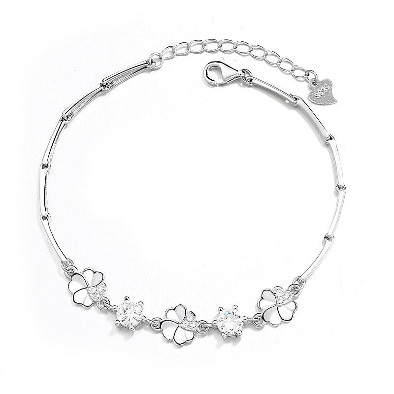 Sterling Silver Couple Lucky Four-leaf Clover Bracelet