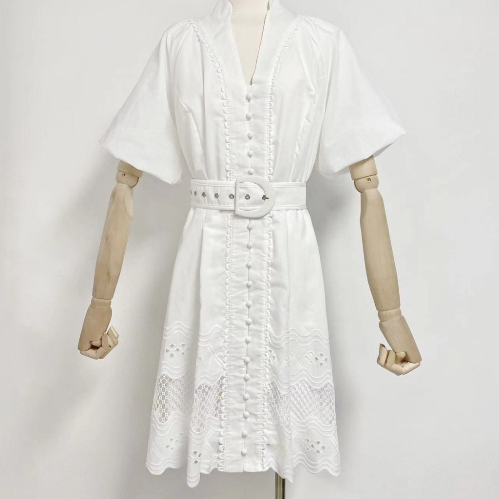 V-neck Puff Sleeve Single Breasted Belt Waist Trimming Short Dress Women