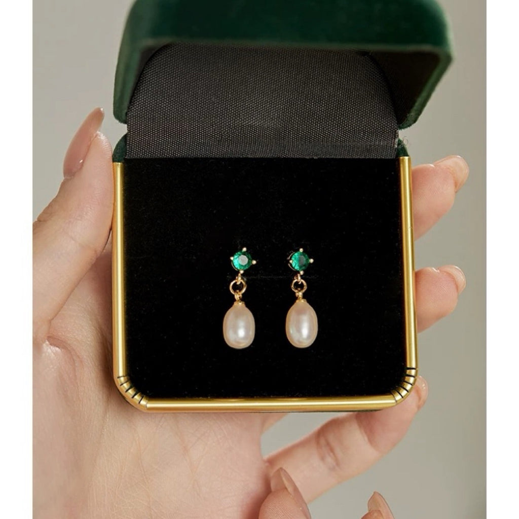 Emerald Zircon Small Eardrops Delicate Pearl Earrings French Retro