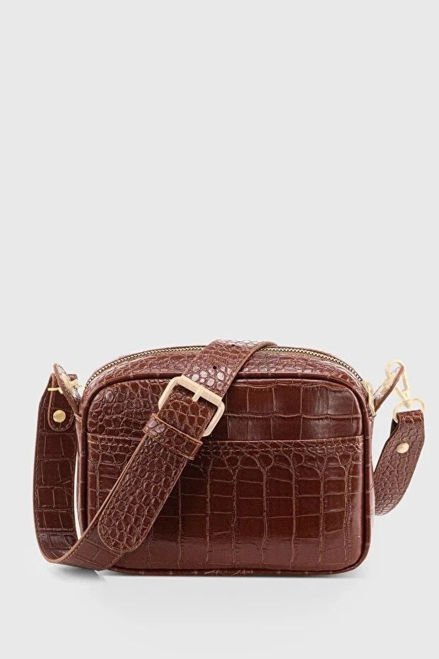 Brown Croc Embossed Crossbody Bag For Women