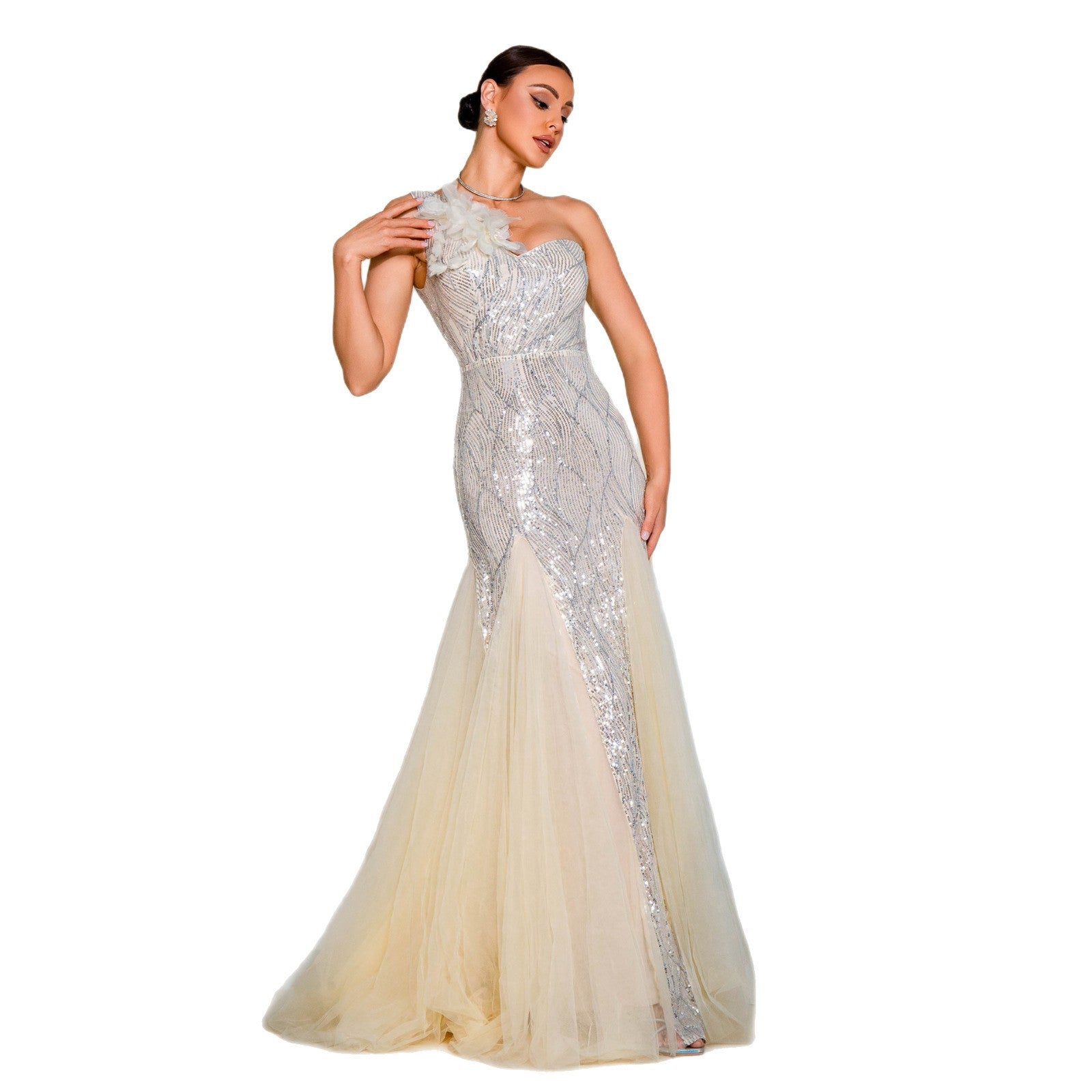 One-shoulder Diagonal Collar Slim-fit Sheath Sequined Slit Evening Dress