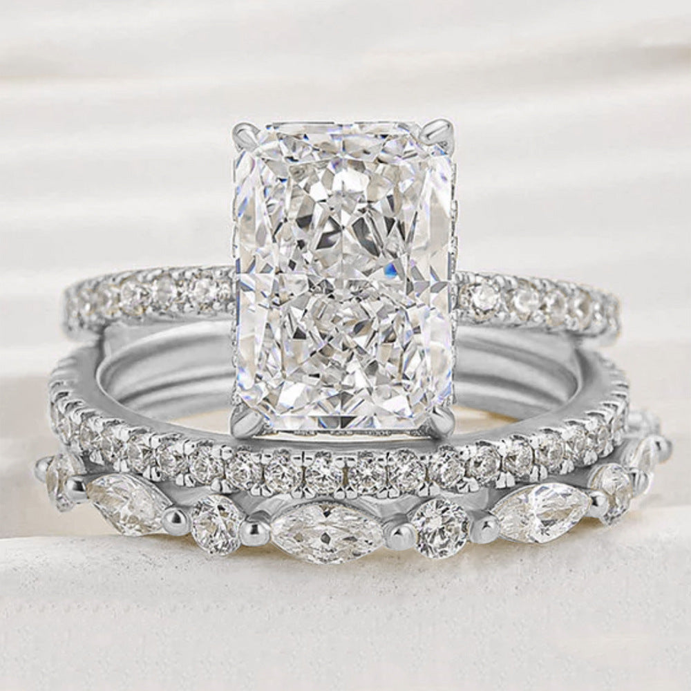 S925 Sterling Silver Super Shiny Ice Flower Cut Zircon Ring Suit