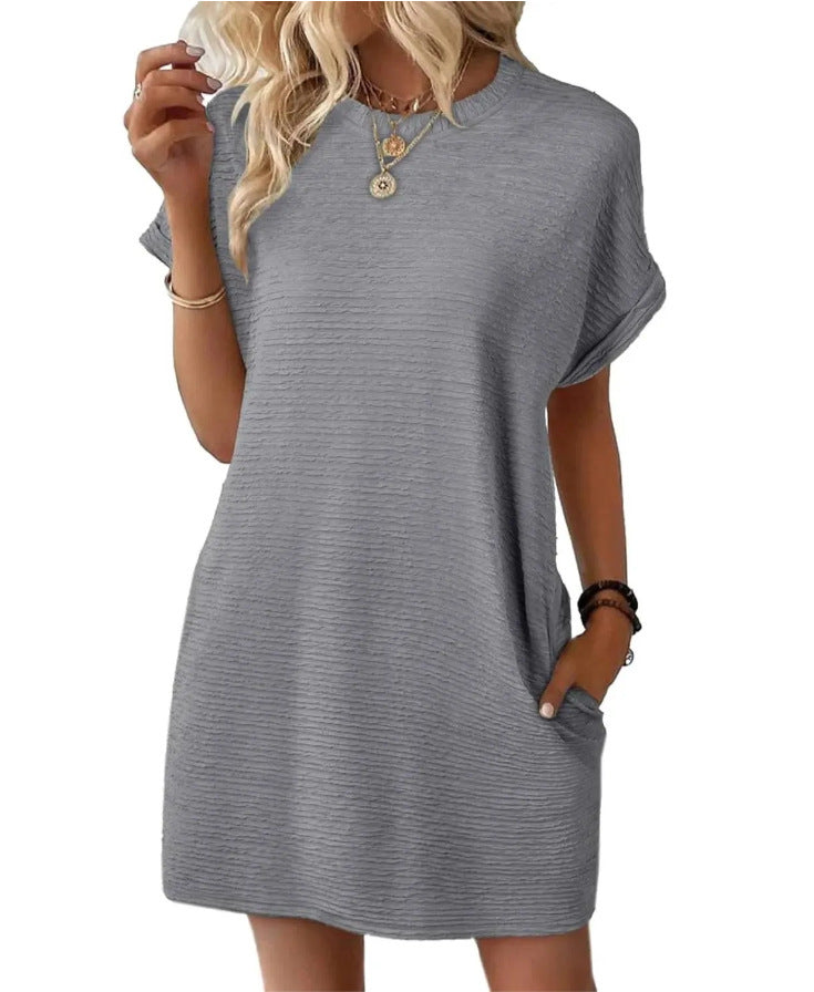 Summer New Loose Round Neck Pocket Solid Color Short Sleeve Dress Women