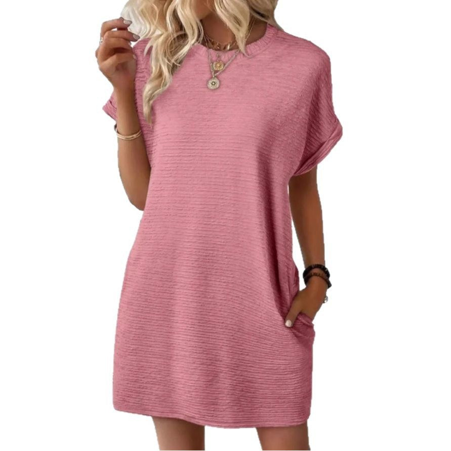 Summer New Loose Round Neck Pocket Solid Color Short Sleeve Dress Women