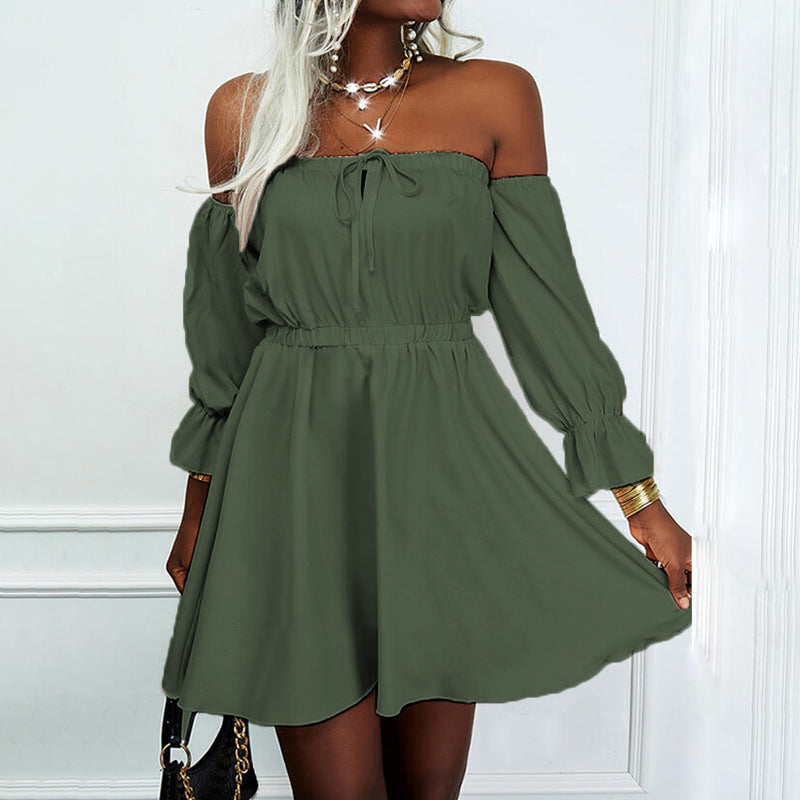 Women Solid Color Short-Sleeved One-Neck High-Waisted Dress