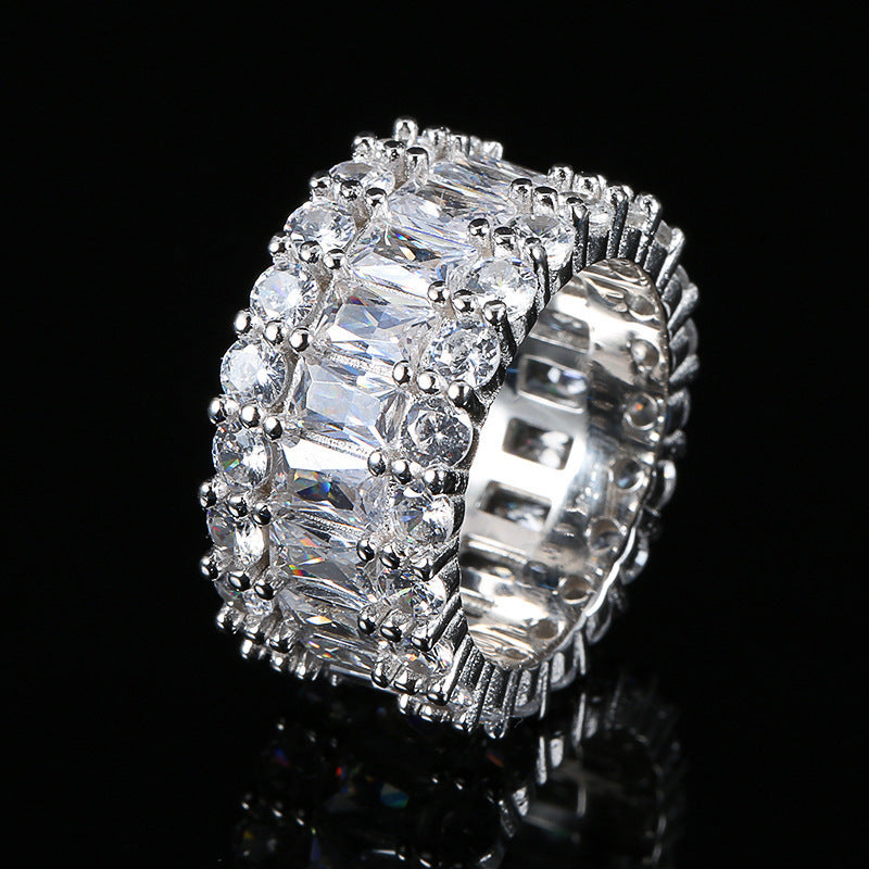 Hip Hop Bar Zircon Ring Copper Inlaid Three Row Baguette Diamond Tennis Chain Women's