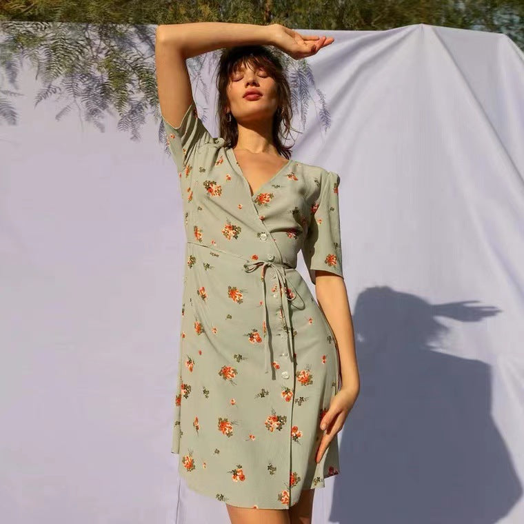 Waist-tight Floral V-neck Short Dress Women