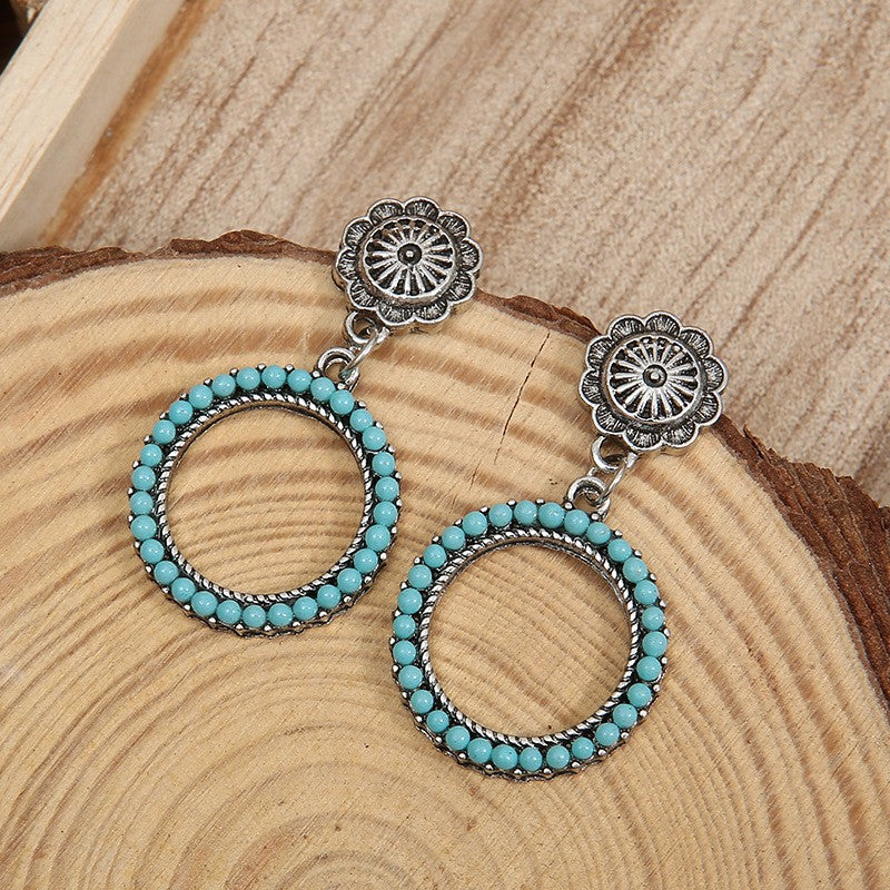 Ethnic Geometric Round Turquoise Earrings