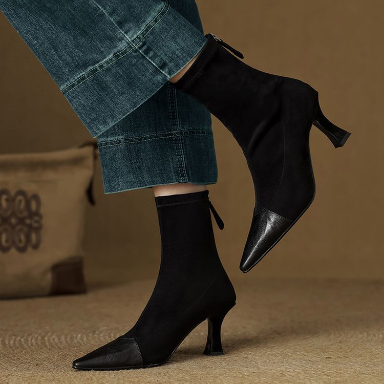 New AutumnWinter Retro Pointed-Toe Patchwork Slim Boots For Women