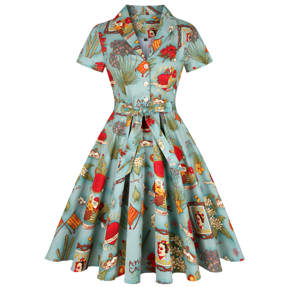 Retro Sexy Lapel  Short Sleeved Print Lace Up Big Dress Women