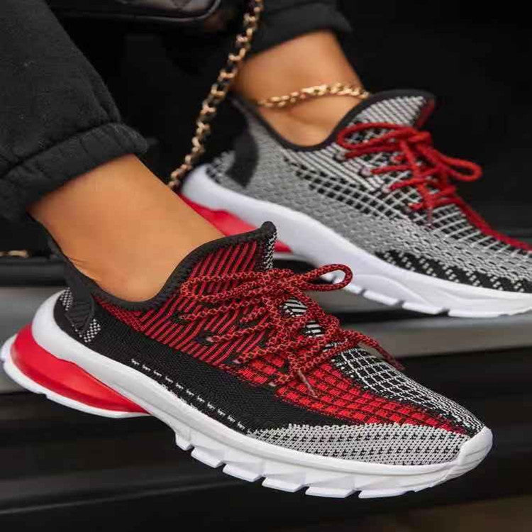 Low-cut Color Matching Round Toe Flat-bottom Flying Knit Sneakers Women