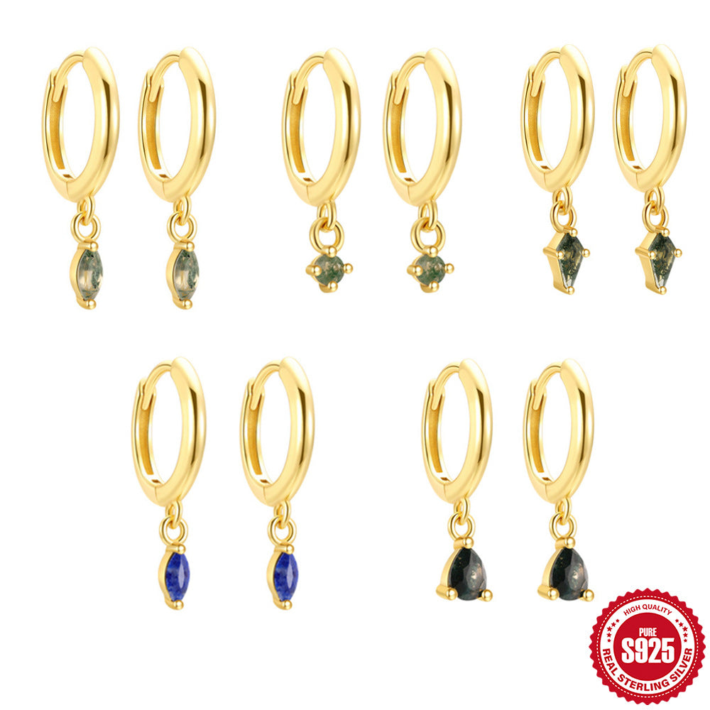 S925 Sterling Silver Natural Stone Agate Lapis Lazuli Temperament Earrings