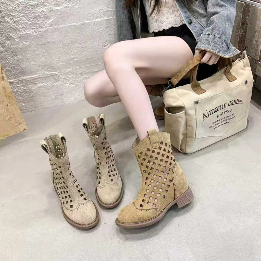 7cm Large Size Hollowed-Out Frosted Mesh Sandals Hole Mid-Calf Short Boots