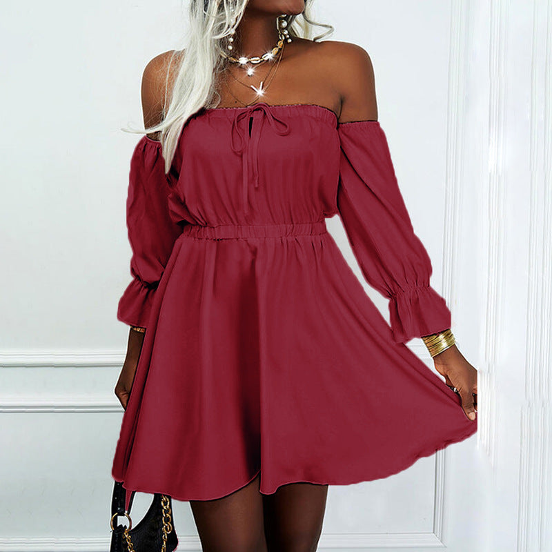 Women Solid Color Short-Sleeved One-Neck High-Waisted Dress