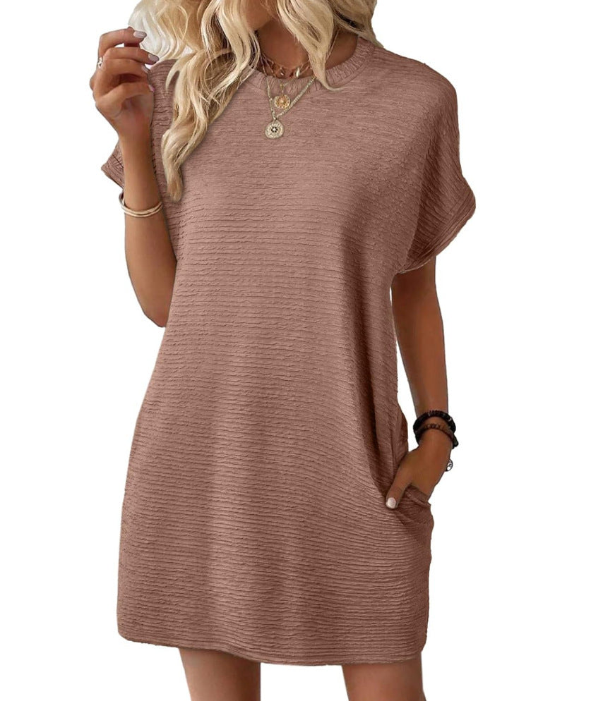 Summer New Loose Round Neck Pocket Solid Color Short Sleeve Dress Women