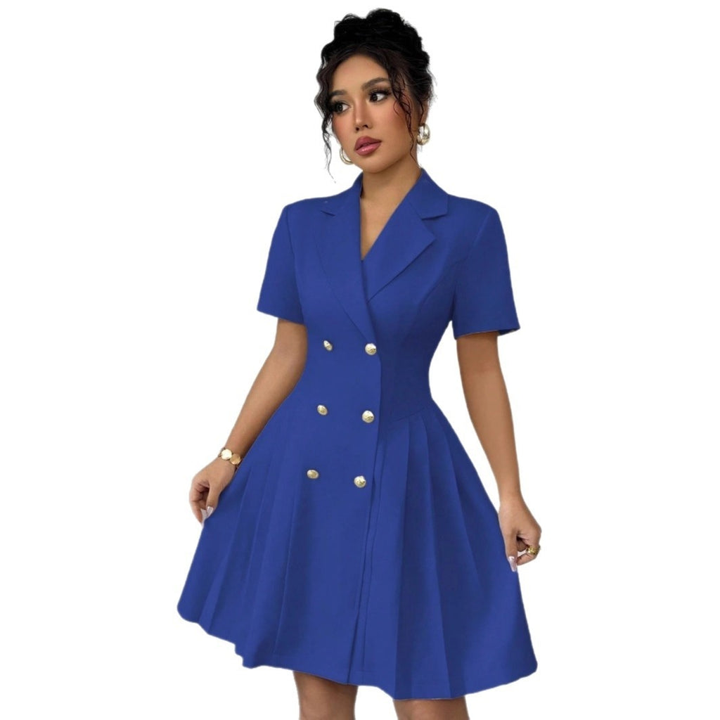 Solid Color Short-sleeved Waist-cinching Double-breasted Dress For Women