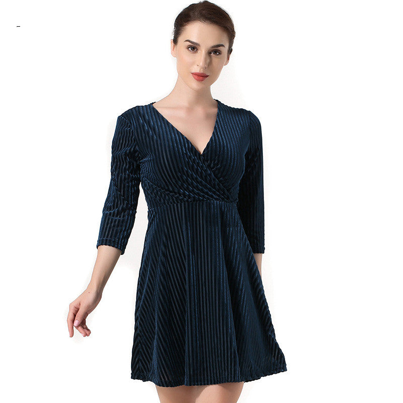 Sexy Fashion Three-Quarter Sleeves Slim Short Solid Color Velvet Dress Women